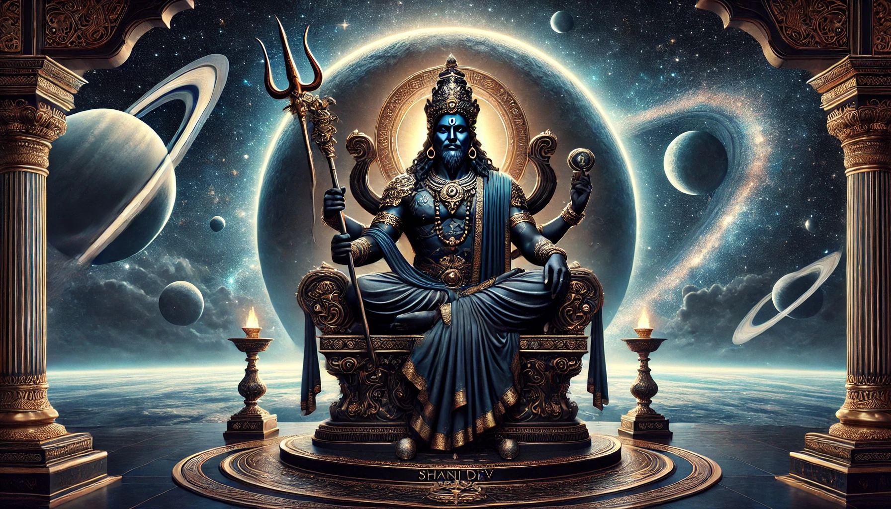 DALL·E 2024-11-16 21.49.54 - A personified depiction of Lord Saturn (Shani Dev) in a celestial setting, designed for a horizontal layout