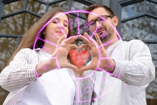 Drawn,Zodiac,Signs,And,Young,Couple,Making,Heart,With,Their Drawn,Zodiac,Signs,And,Young,Couple,Making,Heart,With,Their
